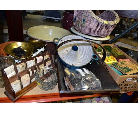 A BOX AND LOOSE VINTAGE PACKAGING, PHARMACIST'S LABELS, AND VINTAGE HOMEWARES, to include a wooden rack of assorted mid twent