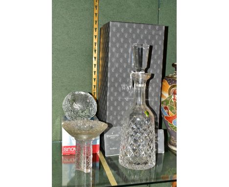 A BOXED WATERFORD CRYSTAL 'ALANA ESSENCE' PATTERN DECANTER AND OTHER GLASSWARES, comprising mallet shaped Waterford decanter,