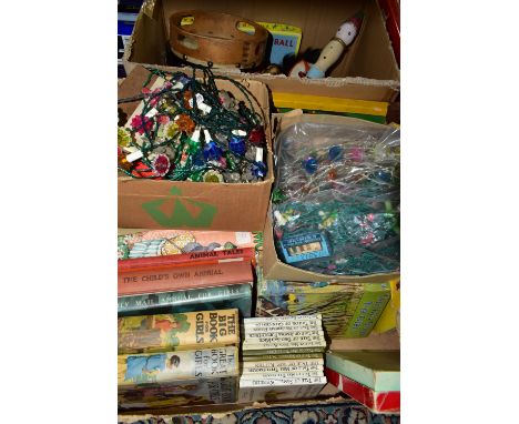 TWO BOXES OF VINTAGE TOYS AND BOOKS ETC, to include a Christmas Pantomime cine viewer and films, a female Pelham Puppet in a 