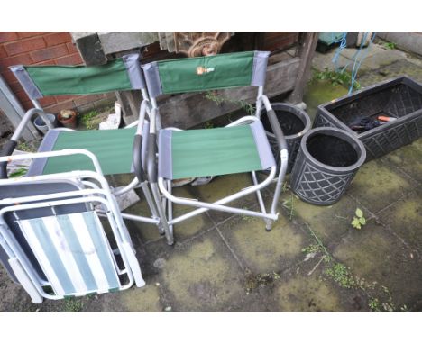 A PAIR OF HIGEAR FOLDING CAMPING CHAIRS, two other folding chairs, a folding camping table, along with a rectangular plastic 