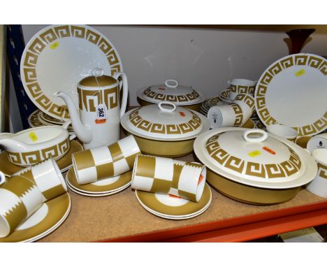 A WEDGWOOD SUSIE COOPER DESIGN 'OLD GOLD KEYSTONE' part dinner service comprising one coffee pot (badly damaged), one milk ju