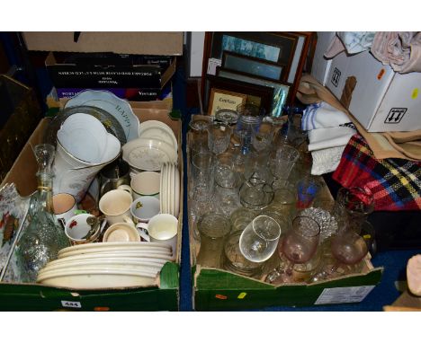SEVEN BOXES AND LOOSE CERAMICS, GLASS, METALWARES, LINENS, LUGGAGE AND HOUSEHOLD ITEMS, to include a boxed Venturer portable 