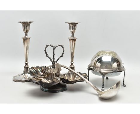 A BOX OF ASSORTED WHITE METAL TABLEWARE,  to include a pair of tall candle sticks, white metal horderve dish, designed as thr