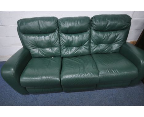 A GREEN LEATHER THREE SEATER RECLINING LOUNGE SUITE, length 190cm, and a brown leather manual reclining armchair (2)