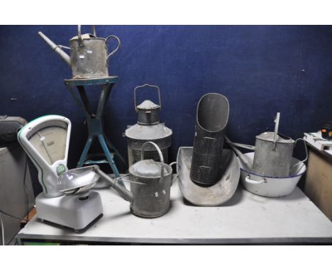 A COLLECTION OF MISCELLANEOUS to include three galvanised steel watering cans, vintage coal bucket, vintage steel grain scoop
