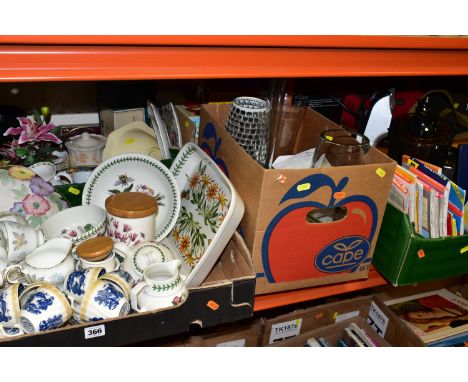 SEVEN BOXES OF CERAMICS AND ELECRICAL ITEMS, to include nine pieces of Portmeirion 'The Botanic Garden' pattern oven to table