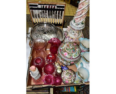 A BOX AND LOOSE CERAMICS, GLASS AND METAL WARES ETC, comprising two Chinese famille rose storage jars with lids, both with re