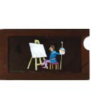 'Artist and the Devil' [devil's face appears on canvas] Maker unknown (7 x 4 x 3/8 inches), single