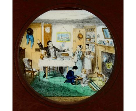 'The Bottle'  Set of eight slides after Cruickshank's series of engravings. Single hand-coloured glass slides in wooden frame