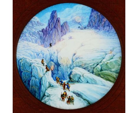 'The Ascent of Mont Blanc' Eight slides assembled from different sources. Single hand-coloured glass slides in wooden frames,