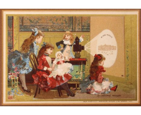 A late 19th cebtury French trade card of children playing with magic lantern Paris: Au Bon Marché,  circa 1890s; 11 x 7.5 cm,