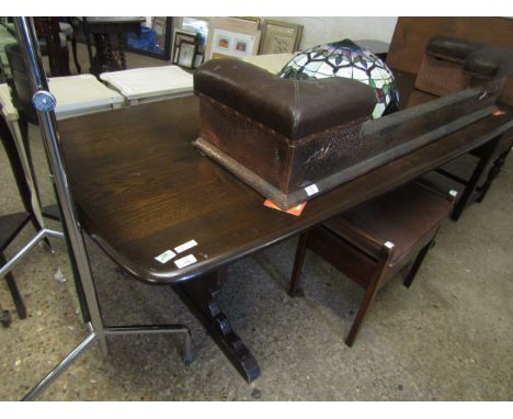 GOOD QUALITY DARK STAINED ERCOL REFECTORY TYPE TABLE WITH SHAPED ENDS 
