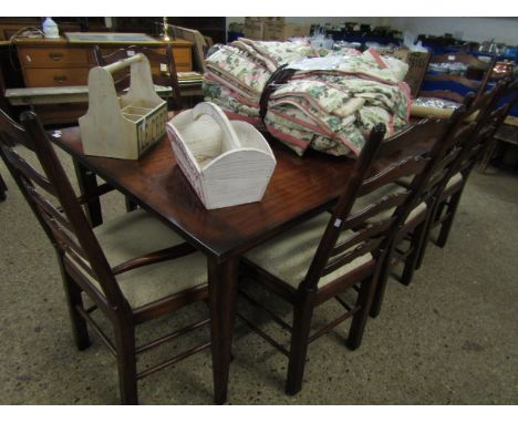 CHERRY WOOD PLANK TOP TABLE ON TAPERING SQUARE LEGS TOGETHER WITH A SET OF EIGHT LADDER BACK DINING CHAIRS COMPRISING SIX CHA