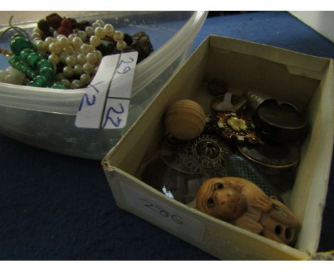 BOX CONTAINING MIXED COSTUME JEWELLERY, NECKLACES ETC, TOGETHER WITH A RESIN NETSUKE, GOLD PLATED RING, CYMBALS ETC (2) 