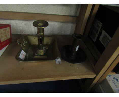 BRASS CHAMBER STICK WITH SQUARE FORMED DRIP TRAY TOGETHER WITH ONE FURTHER MODERN CIRCULAR EXAMPLE (2) 