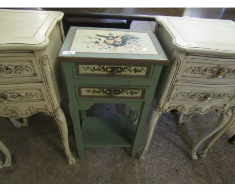 WHITE AND CREAM FLORAL PAINTED TWO DRAWER BEDSIDE TABLE WITH OPEN SHELF 