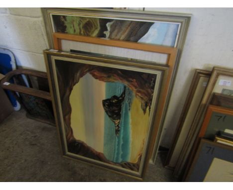 GROUP CONTAINING MIXED OILS ON CANVAS, ONE OF A MOUNTAINOUS LANDSCAPE SCENE, A SEASCAPE SCENE AND FURTHER BOATS 