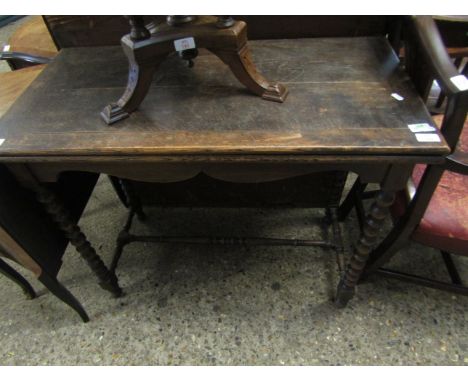 MID-20TH CENTURY OAK FRAMED FOLD-OVER CARD TABLE WITH GREEN BAIZE INTERIOR ON BOBBIN TURNED SUPPORTS 