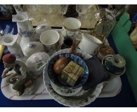 BOX CONTAINING MIXED CHINA WARES, PART DRESSING TABLE SET, ANNIVERSARY CLOCK ETC 