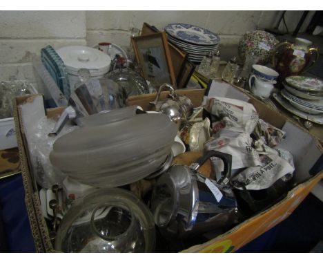 TWO BOXES OF MIXED KITCHEN WARES, CHINA WARES, LIGHT SHADES, CHAMBER STICKS ETC 
