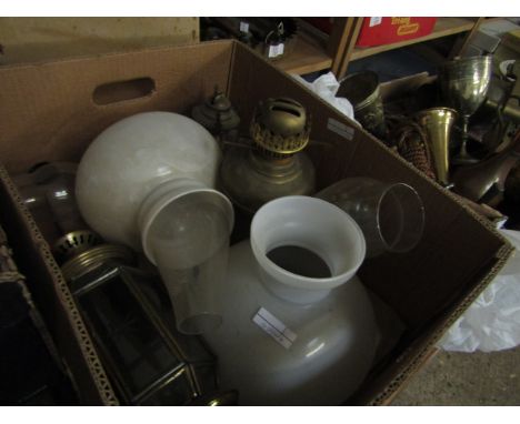 BOX CONTAINING MIXED BRASS OIL LAMPS, LANTERN, FUNNELS AND OPAQUE LAMP SHADES 