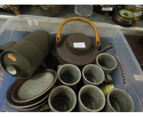 ASSORTED STONE GLAZED CUPS, SAUCERS, TEA POT ETC 