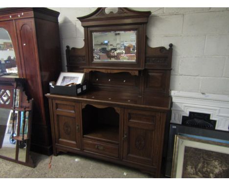 EDWARDIAN OAK MIRRORED BACK SIDEBOARD FITTED CENTRALLY WITH OPEN SHELF AND SINGLE DRAWER FLANKED EITHER SIDE BY PANELLED CUPB