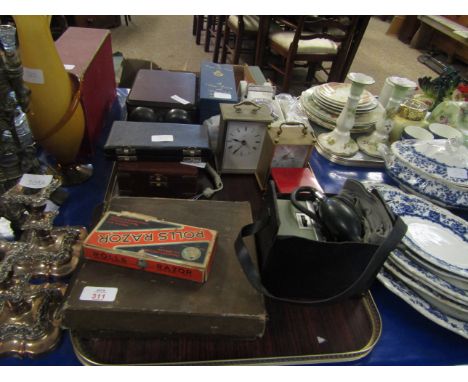 BOX CONTAINING MANTEL CLOCK, ROLLS RAZORS, CASED SCALES, ROYAL AIR FORCE VIDEO HISTORY ETC 