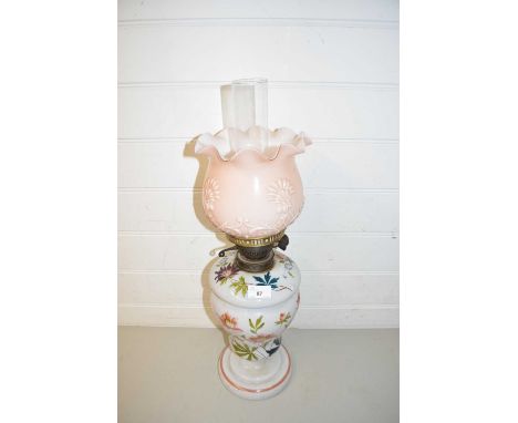 VICTORIAN OIL LAMP WITH FRILLED GLASS SHADE AND FLORAL DECORATED BODY