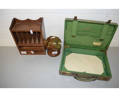 MIXED LOT: SMALL GREEN STATIONERY CASE, A SMALL WOODEN CASE AND A DESK BAROMETER AND THERMOMETER (3)