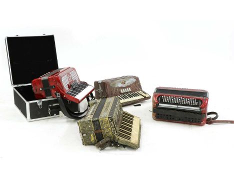 A collection of four accordions, comprising a Fiocchi Bruxelles 'Ballone' example, a Crucianelli example, a Ranco Antonio bas