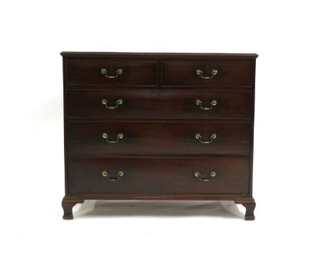 A George III mahogany chest, of two short over three graduated long drawers, on ogee bracket feet, 120cm wide, 58cm deep, 105