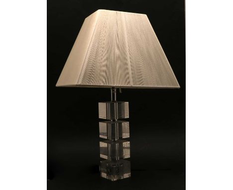 A contemporary table lamp of square cut glass form, 50cm high to top of shade Condition report: good conditionnot tested