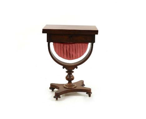 A Victorian rectangular mahogany games and work table, the fold over top with chess board over drawer and fabric basket. 52cm