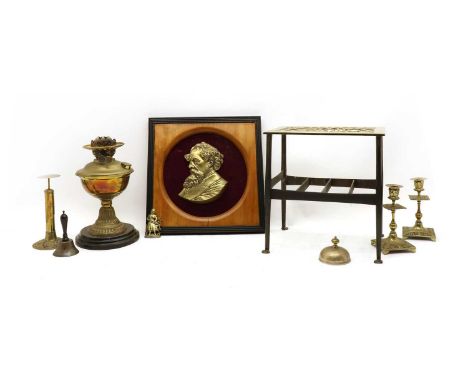 A collection of brass items, to include a Victorian brass and iron kettle stand, 30cm high, a similar smaller example, 38cm w