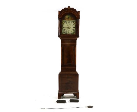 A mahogany longcase clock, the eight-day movement with a painted arch dial, with a hunter and his spaniel to the spandrels ot