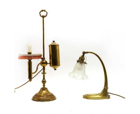 A brass students lamp, 56cm high, and a brass Art Nouveau style desk lamp, 30cm high (2)Condition report: students lamp bent 