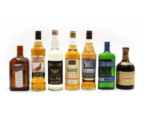 Assorted Whisky, Drambuie and liqueurs, to include: The Famous Grouse, Finest Scotch Whisky, 40% vol., 70cl and 1 litre, two 