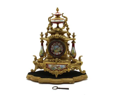 A 19th century French ormolu and porcelain mounted mantel clock, the eight-day movement striking on a bell, stamped Japy Frer