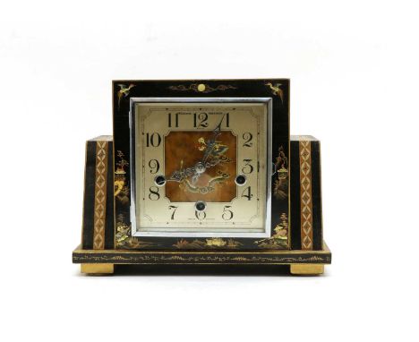 A black lacquered mantel clock with chinoiserie decoration, c.1920, the square dial inscribed 'M. Gerard, Aberdeen, Made in E