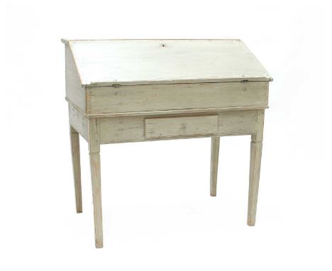 A Gustavian painted writing desk, with fitted interior of small drawers and single lower drawer, on tapering square legs, 96c
