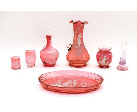 A collection of ruby glass 'Mary Gregory' items, comprising jugs, beaker, vases, and a tray, etc (qty.)Condition report: tray