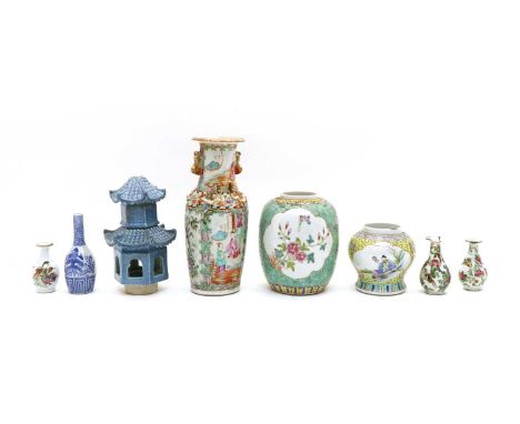 A collection of Chinese ceramics, 19th to 20th century, comprising: a Canton enamelled famille rose vase, of baluster form pa