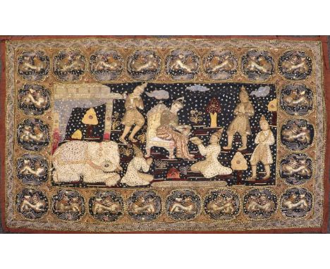 A Burmese Kalaga wall hanging tapestry, 20th century, woven all-over with sequins, metal thread and glass cabochons, centred 