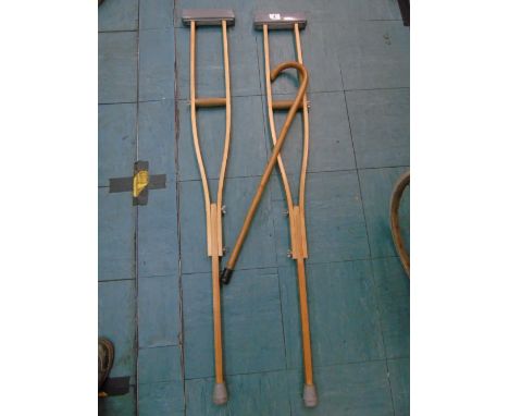 PAIR WOODEN CRUTCHES AND A WILLOW WALKING STICK