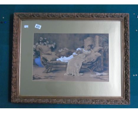 GILDED PRINT OF A RECLINING LADY AND CHILD