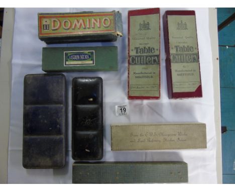 BOXED VINTAGE CUTLERY, DOMINOS + 2 WATER COLOUR SETS