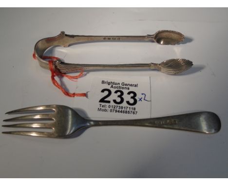 HALL MARKED SILVER SUGAR TONGS & FORK