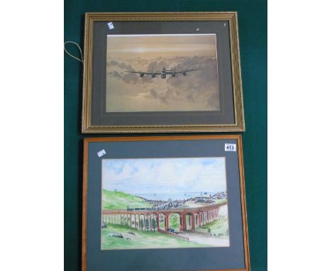 FRAMED & GLAZED WATER COLOUR + PRINT OF AN AEROPLANE