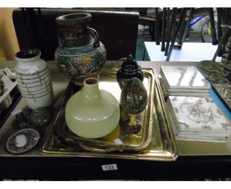 MIXED CHINA + 2 METAL TRAYS + VINTAGE TILES